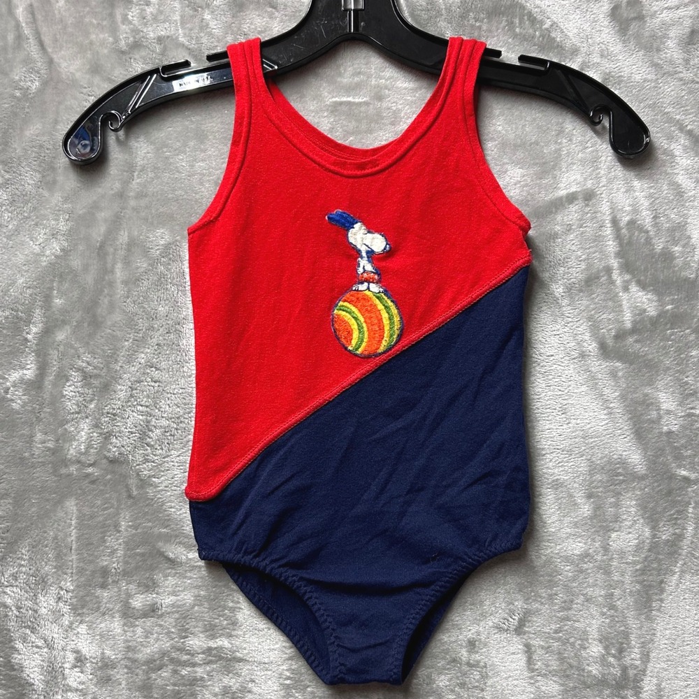 Vintage Snoopy One Piece Swimsuit Gymnastics Little Girls Red Blue‎ Rare